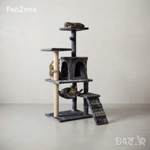 Котешка драскалка с къщичка, хамак и рампа, 125 см, тъмносива