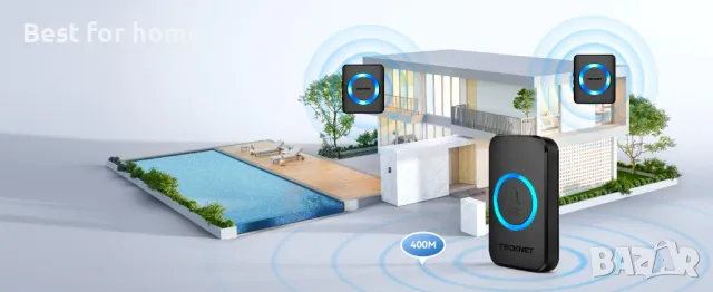 TECKNET Безжичен звънец, водоустойчив двоен стенен комплект безжичен звънец за врата с обхват 400 м, снимка 2 - Вентилатори - 48358125