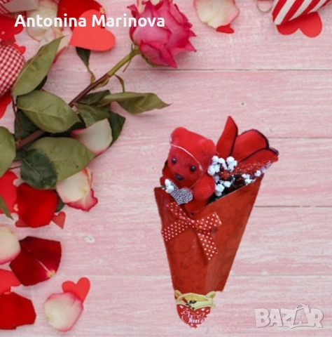 Романтичен букет с мече и червени рози, снимка 2 - Романтични подаръци - 53084062