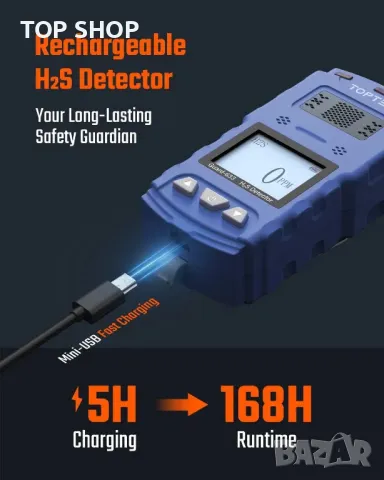 TOPTES Guard-633 H2S детектор, H2S монитор с щипка с прецизен газов сензор, 0,5 сек бърза реакция, снимка 3 - Други стоки за дома - 49546511