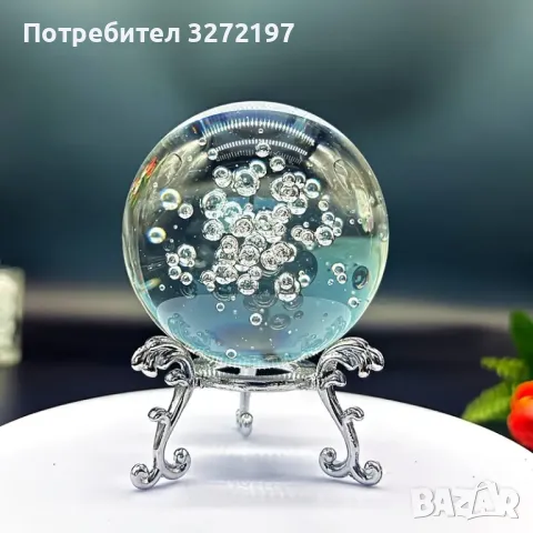 Кристална топка с мехурчета с метална стойка в сребрист цвят,Фенг Шуй, снимка 2 - Декорация за дома - 48254032