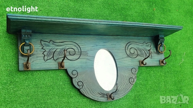 Красива старинна, антикварна, дървена закачалка с рафт, огледало и дърворезба , снимка 4 - Закачалки - 52041454