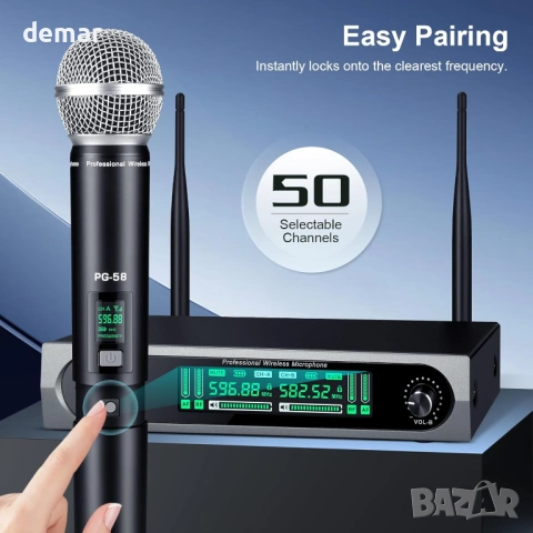 Безжична UHF микрофонна система с два динамични микрофона, до 60 м, снимка 4 - Микрофони - 53645861