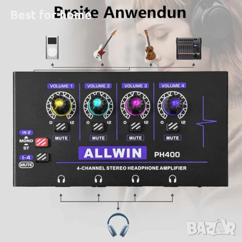ALLWIN 4-канален мини усилвател за слушалки, метален моно/стерео, снимка 5 - Ресийвъри, усилватели, смесителни пултове - 51202308