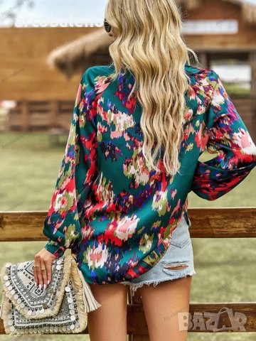 Дамска блуза с флорален принт и V-образно деколте, 4цвята - 023, снимка 9 - Блузи с дълъг ръкав и пуловери - 42038517