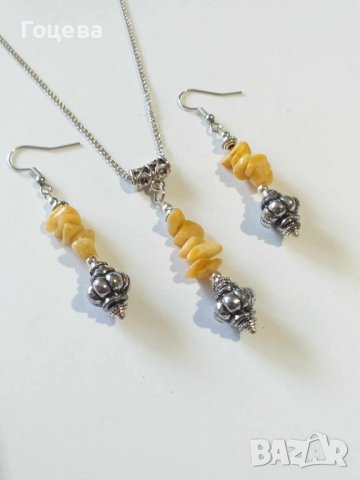 Новият ни Бохо Шик комплект обеци и колие със жълт кварц и орнаменти цвят сребро , снимка 2 - Бижутерийни комплекти - 41973182