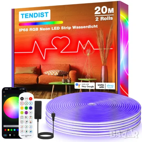 20M RGB LED неонови въжени светлини за открито, IP68 WiFi Гъвкава LED неонова лента