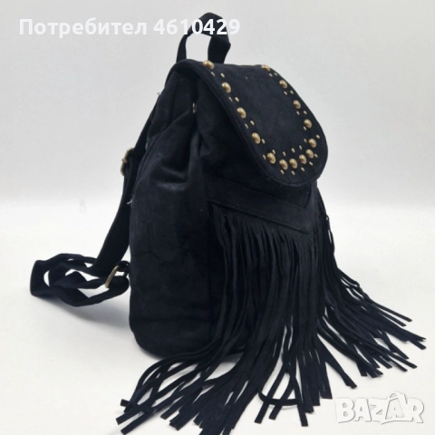 Велурена дамска раница с ресни и метални нитове – бохо стил и практичност, снимка 3 - Раници - 52696653