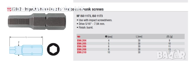 FACOM ENH.2 Накрайник / бит шестограм ударен, дължина 30мм, 5/16'' - различни размери, снимка 3 - Отвертки - 34631978