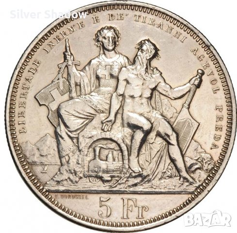 Монета Швейцария 5 Франка 1883 г Кантон Лугано aUNC