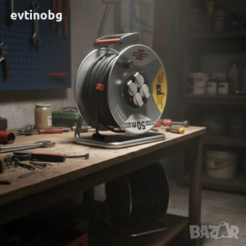 Електрически удължител с макара KraftRoyal 50m — здрава поцинкована конструкция, 4 гнезда и термична, снимка 2 - Други стоки за дома - 53788278