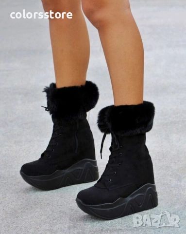 Боти на платформа - черен велур с черен пух и черно ходило - BPH1 