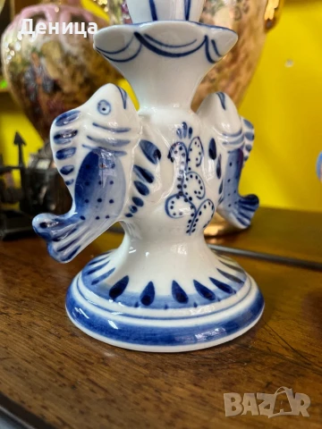 Гжел 🫶 Свещник Русия Ръчно рисуван Височина-13.5 см , снимка 4 - Декорация за дома - 51322790