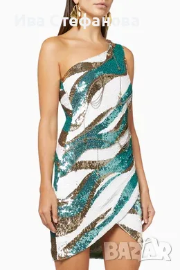  Elisabetta Franchi One-Shoulder Sequin къса парти официална коктейлна рокля пайети аквамарин , снимка 5 - Рокли - 46868543