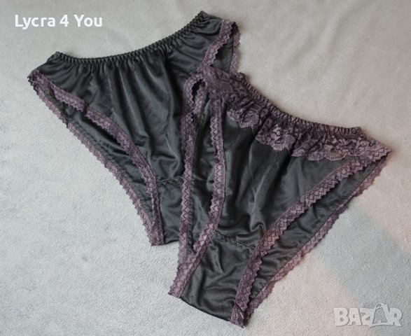 S/XS нови черни лъскави сатенирани бикини с лилава дантела