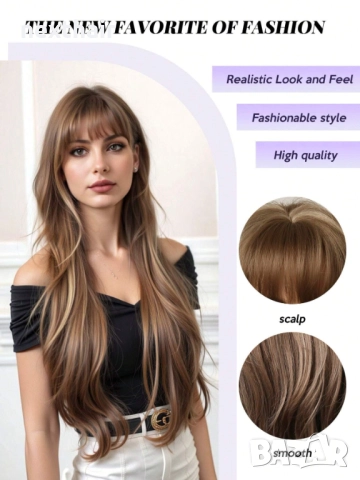 70 см Кафява перука с руси кичури и дълъг бретон, снимка 2 - Аксесоари за коса - 51436298