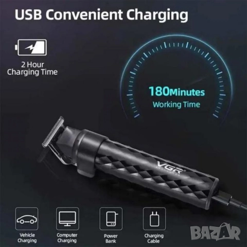 Водоустойчива професионална машинка за подстригване VGR V-170 с метален корпус и USB-C зареждане, снимка 3 - Тримери - 52125884