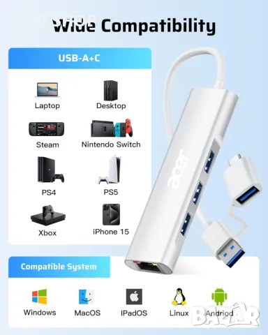 Acer USB А към Ethernet адаптер, 4-в-1 USB-А хъб с 3 USB-A 3.1 и 1Gbps RJ45 - НЯМА А към С адаптер, снимка 5 - Кабели и адаптери - 49451944
