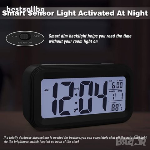 Дигитален постоянно светещ LED часовник на батерии с термометър аларма, снимка 2 - Други инструменти - 35890747