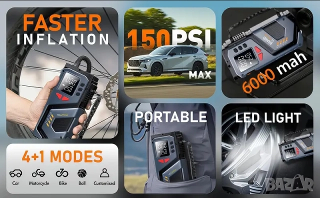 Преносим акумулаторен компресор за гуми, 150 PSI , снимка 10 - Аксесоари и консумативи - 52420169