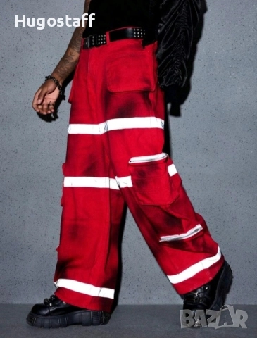 Нови baggy Casual Loose Fit Jeans дънки панталони карго  тъмно червени пожарникари размер 34, снимка 2 - Дънки - 52512547