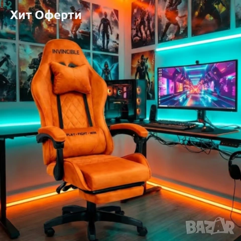 Оранжев велурен геймърски стол с поставка за крака – ергономичен, метална рамка, снимка 5 - Столове - 53249882