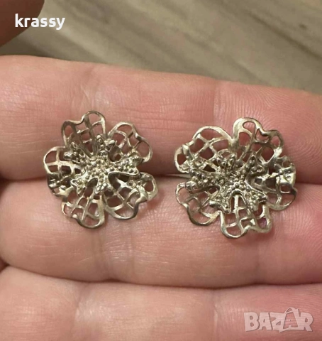 НОВИ страхотни интересни сребърни дамски обеци цвете 
