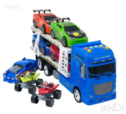 Камион със 7 превозни средства Звук и светлини S_1179387, снимка 2 - Коли, камиони, мотори, писти - 47905079