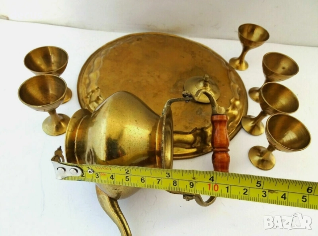 Комплект от античен бронз и месинг - чаши, чайник и поднос, снимка 6 - Антикварни и старинни предмети - 51456620