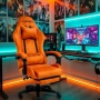 Оранжев велурен геймърски стол с поставка за крака – ергономичен, метална рамка, снимка 5