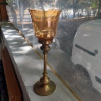 Голям тежък масивен бокал от бронз и цветно стъкло, снимка 1 - Антикварни и старинни предмети - 41866759