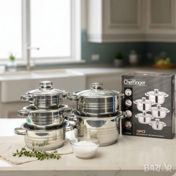 Комплект тенджери Cheffinger 10 части – Винаги вкусна храна без загорели съдове и излишно миене, снимка 1