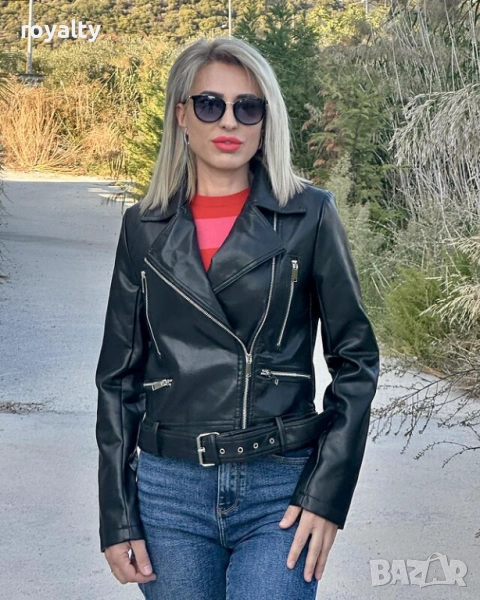 Черно Дамско Кожено Яке С Колан , снимка 1