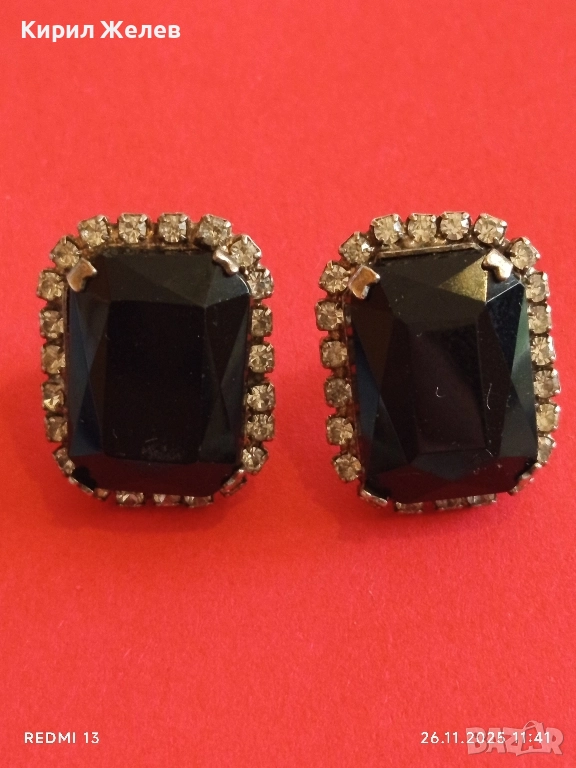 Обеци с черни камъни ОНИКС и диаманти закопчаване тип пиронче 37585, снимка 1