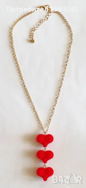 Колие с 3 сърца червено кадифе , снимка 1