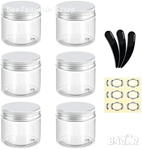 Нови 6 броя 60мл прозрачни бурканчета контейнери с алуминиеви капачки за крем, грим, проби, DIY, снимка 1