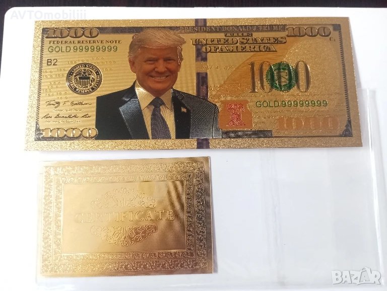Позлатена с 24 карата злато релефна банкнота 100 долара с Доналд Тръмп, снимка 1