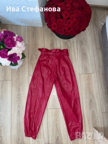 Нови кожени червени панталони тип лек потур висока талия бордо , снимка 4 - Панталони - 41044644