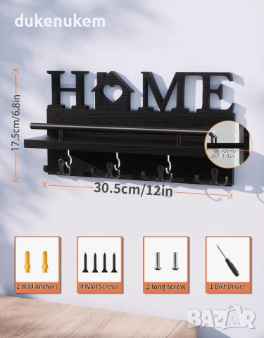 Дървена кутия за ключове за стена с 11 куки и рафт, бяла или черна, снимка 5 - Етажерки - 52277897