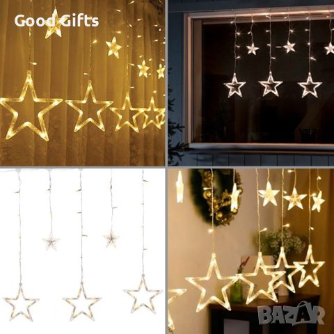 Коледни лампички LED Завеса с големи и малки Звезди, Топло бяло, 107 LED