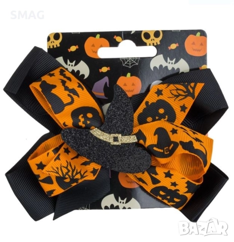 Хелоуин / Halloween фиба за коса – черна панделка с оранжева шапка, 13 см_1239895, снимка 3 - Шноли, диадеми, ленти - 52110634
