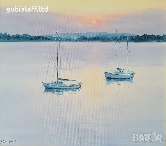 Картина, лодки, залез, худ. Росен Поптомов, снимка 2 - Картини - 49850460