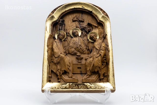 Релефна икона на Света Троица – позлатена с варак, снимка 4 - Икони - 53224866