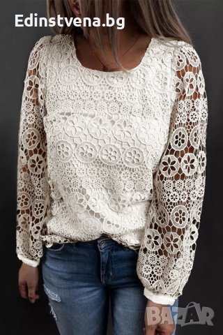 Ефектна дамска блуза в бяло с дълъг ръкав и бродерия, снимка 1 - Блузи с дълъг ръкав и пуловери - 44382635