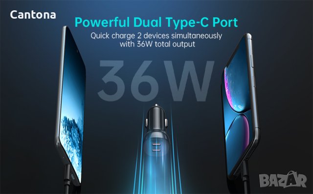 Choetech FCP Dual Quick Car Charger 36W - зарядно за кола с 2xUSB-C за бързо зареждане, снимка 2 - Зарядни за кола - 42351688