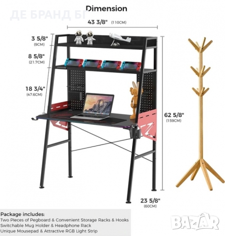 ПРОМОЦИЯ Геймърско бюро с две етажерки, аксесоари и RGB осветление ERK-MGD-02, снимка 5 - Бюра - 36072506