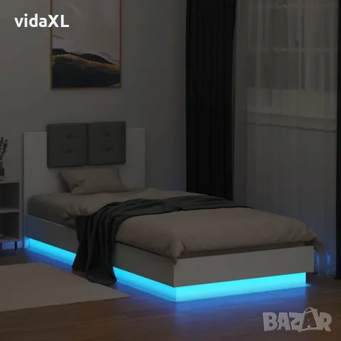 vidaXL Рамка за легло с табла и LED осветление, бяла, 90x200 см, снимка 4 - Спални и легла - 56146763