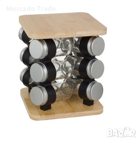 Стойка за подправки Mercado Trade, Дървена, Въртяща се, 12 стъклени буркана, Кафяв, снимка 2 - Органайзери - 41268152