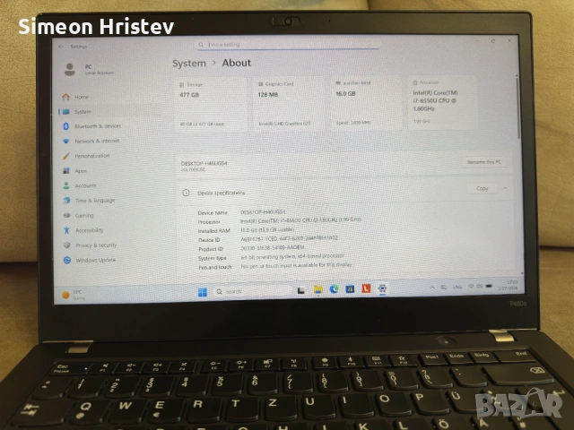 Lenovo ThinkPad T480s | Core i7-8550U | 16GB RAM | 512GB SSD | Обслужен, снимка 7 - Лаптопи за работа - 53649017