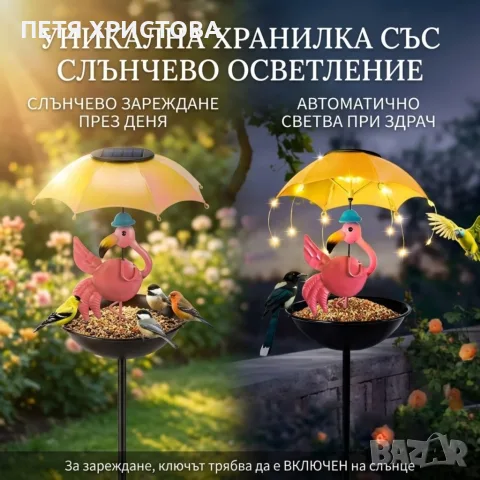 Градинска соларна лампа-хранилка за птици с фламинго и автоматично LED осветление, снимка 4 - Соларни лампи - 55787750